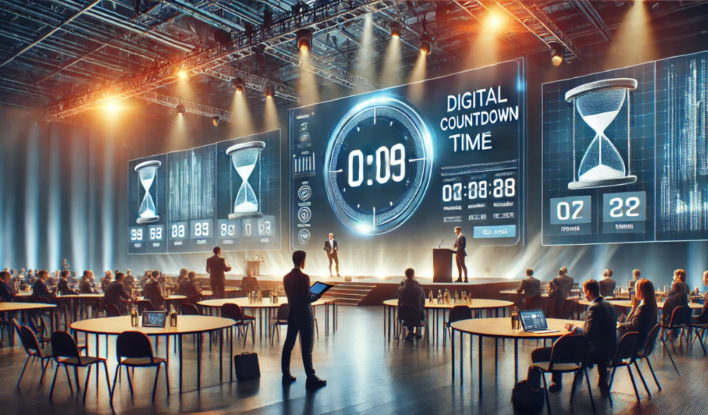 Countdown timer displayed on stage to manage smooth speaker transitions at a conference