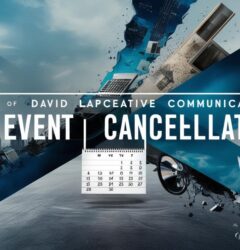 Professional email notification showing event cancellation message on screen