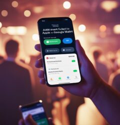 Attendee scanning a digital event ticket from Apple Wallet on their smartphone at a contactless event entry gate