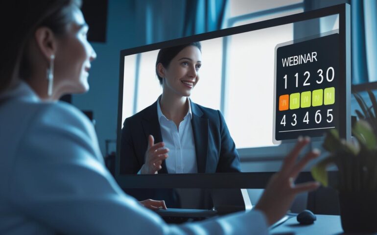 Presenter hosting a live webinar with a visible countdown timer on screen, helping manage session timing and audience engagement.