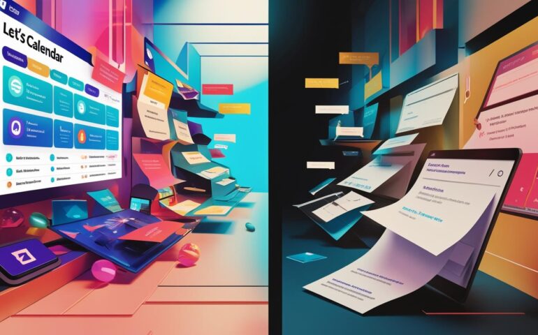 Side-by-side comparison of a calendar invite and a traditional email invite on two screens