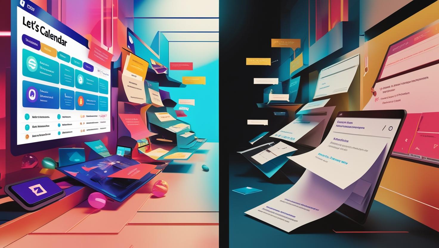 Side-by-side comparison of a calendar invite and a traditional email invite on two screens