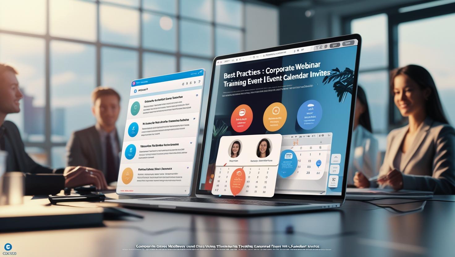 Professional sending calendar invites on a laptop for a corporate webinar, with training session details clearly displayed on the screen.