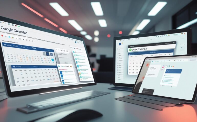 Illustration comparing Google Calendar, Outlook, and Apple Calendar for bulk invite automation with Let's Calendar as the integration tool.