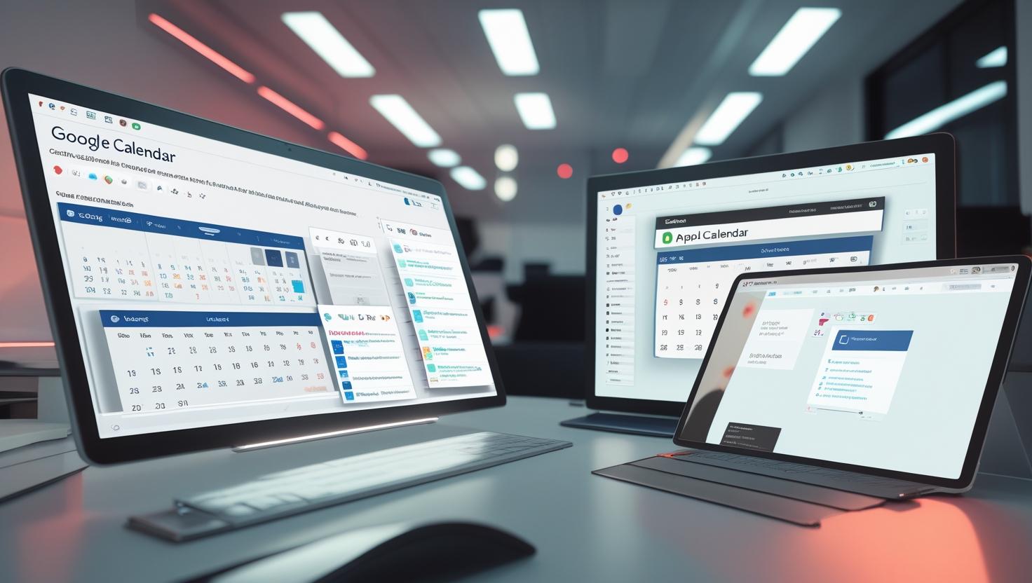 Illustration comparing Google Calendar, Outlook, and Apple Calendar for bulk invite automation with Let's Calendar as the integration tool.