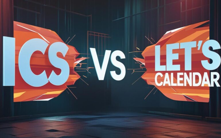 Comparison of a basic ICS calendar file and an advanced Let's Calendar interface with personalized event invite features