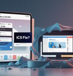 Illustration of an ICS calendar file icon next to modern webinar platforms and digital calendar interfaces"