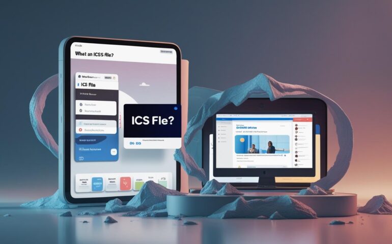 Illustration of an ICS calendar file icon next to modern webinar platforms and digital calendar interfaces"