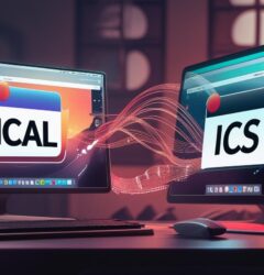 Illustration showing the difference between an iCal standard and an ICS file used in calendar applications like Outlook, Google Calendar, and Apple Calendar.