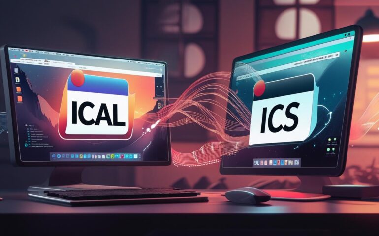 Illustration showing the difference between an iCal standard and an ICS file used in calendar applications like Outlook, Google Calendar, and Apple Calendar.